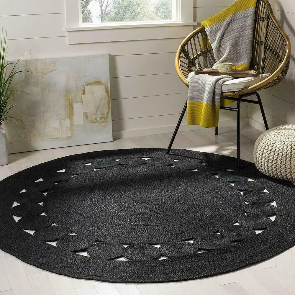 Jute Round Rug 100% Natural Handmade Carpet Black Living Modern Look Area Rug- bedroom  carpets for living room  home
