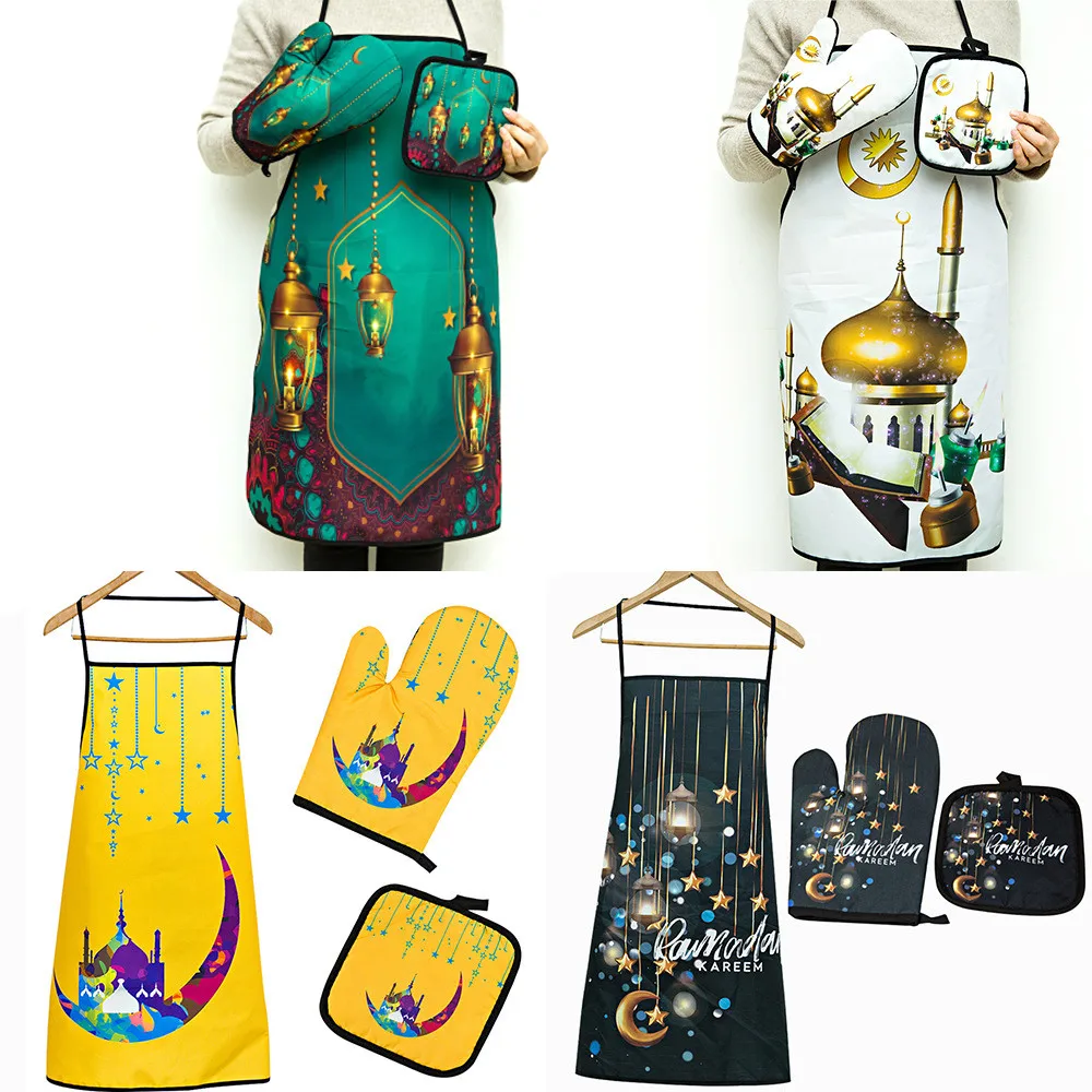 

Ramadan Kareem Kitchen Apron Eid Mubarak Baking Anti-Hot Gloves Pad Muslim Islamic Party Ramadan Decoration For Home Eid Al-Adha