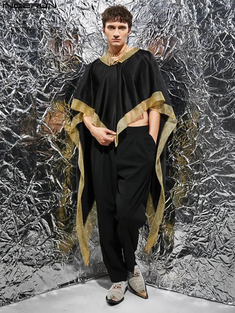 

Футболка INCERUN Мужская Асимметричная с V-образным вырезом, свободная уличная одежда в стиле пэчворк, модная накидка, Повседневная футболка, ...