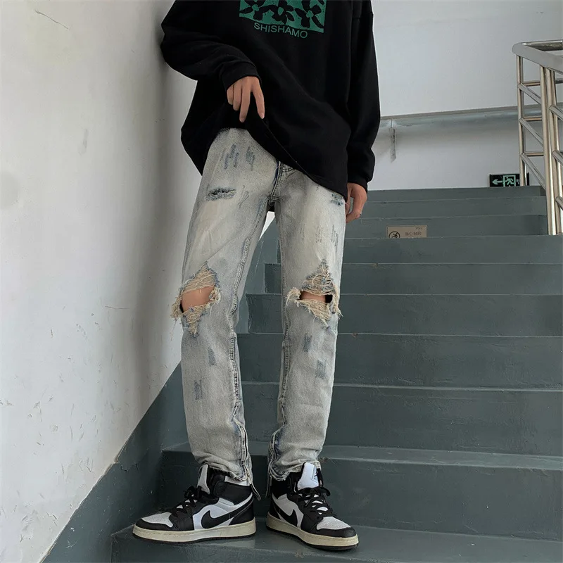 Ripped Jeans Men's Straight Pants Frayed Denim Trousers Scratch Skinny Jeans Men Washed Hip Hop Jeans Punk Clothes Streetwear
