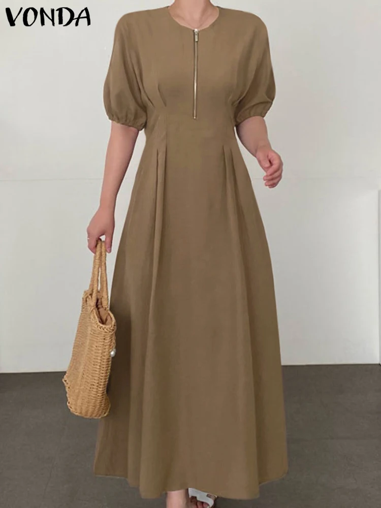 

VONDA Fashion Women Solid Dress 2022 Sexy Half Sleeve Holiday Party Dress Casual Zip-up Elegant Long Sundress Casual Vestidos