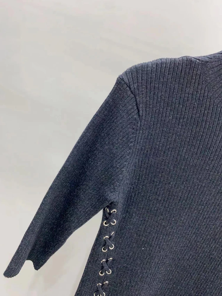 2022 Autumn Winter New Simple Lace-up Knit Slim Mini Dress Women