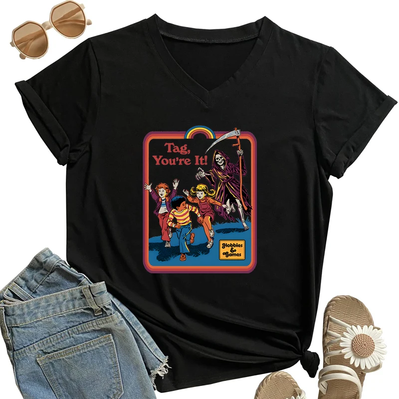 

Женская футболка с V-образным вырезом, с черепом