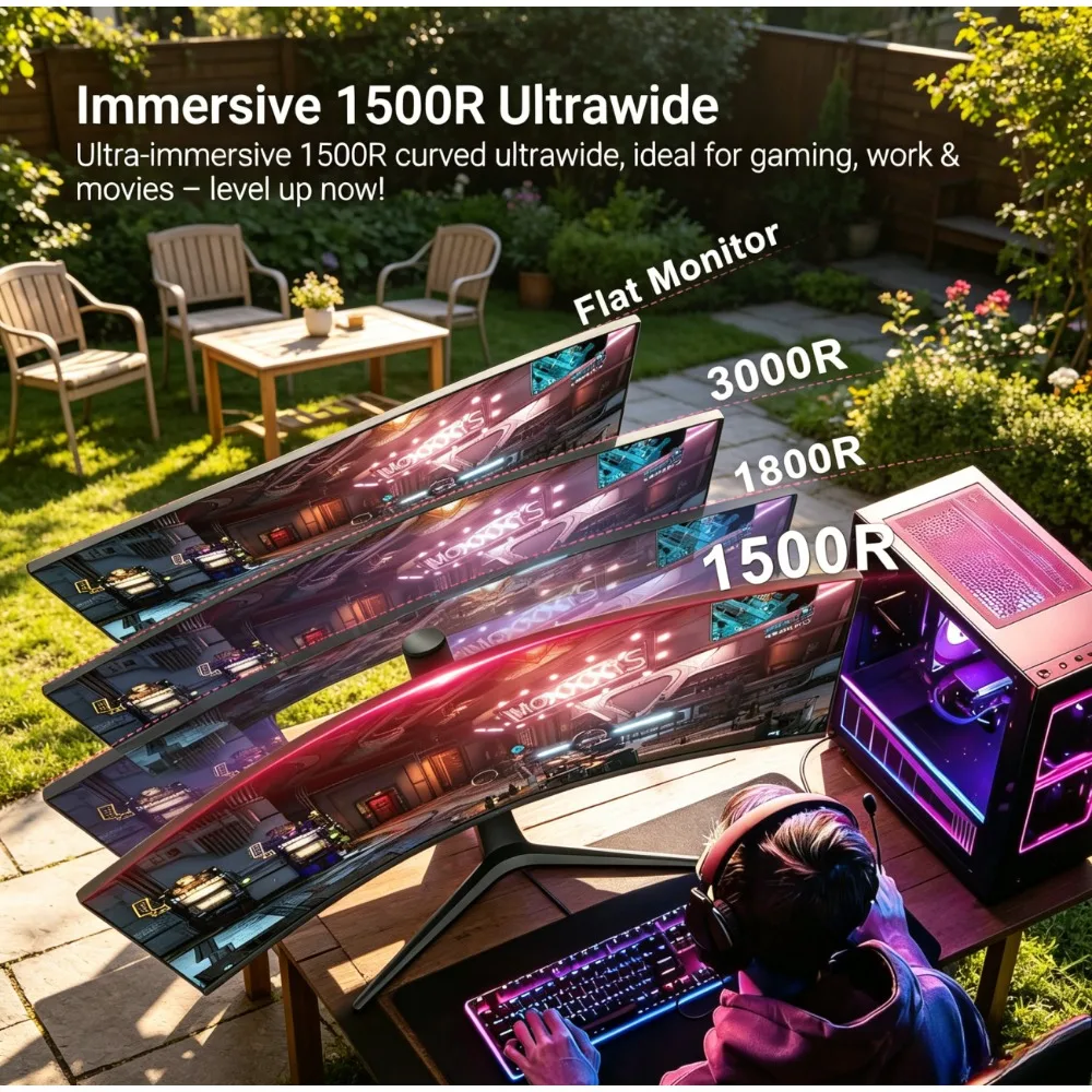 Фото Игровой монитор Garden 34 дюйма, изогнутый, 180 Гц, UWQHD 3440x1440, 1500R, FreeSync, G-SYNC, HDR, 1 мс, HDMI, DP, регулируемая подставка №2