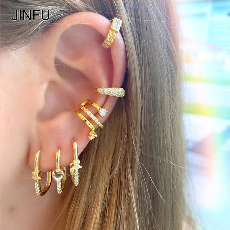 

JINFU Copper Gold Plated Clip Hoop Earrings For Women CZ Zircon Ear Cuff Cute Heart Star Hoop Earrings 2022 Jewelry Wholesale