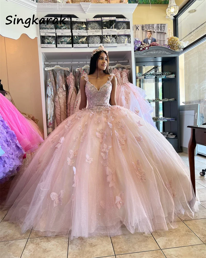 

Розовое Бальное платье принцессы, платья для Quinceanera, Бабочка, аппликация, бант, бусины, кристалл, милое 16 девушек, вечерние платья 15 лет