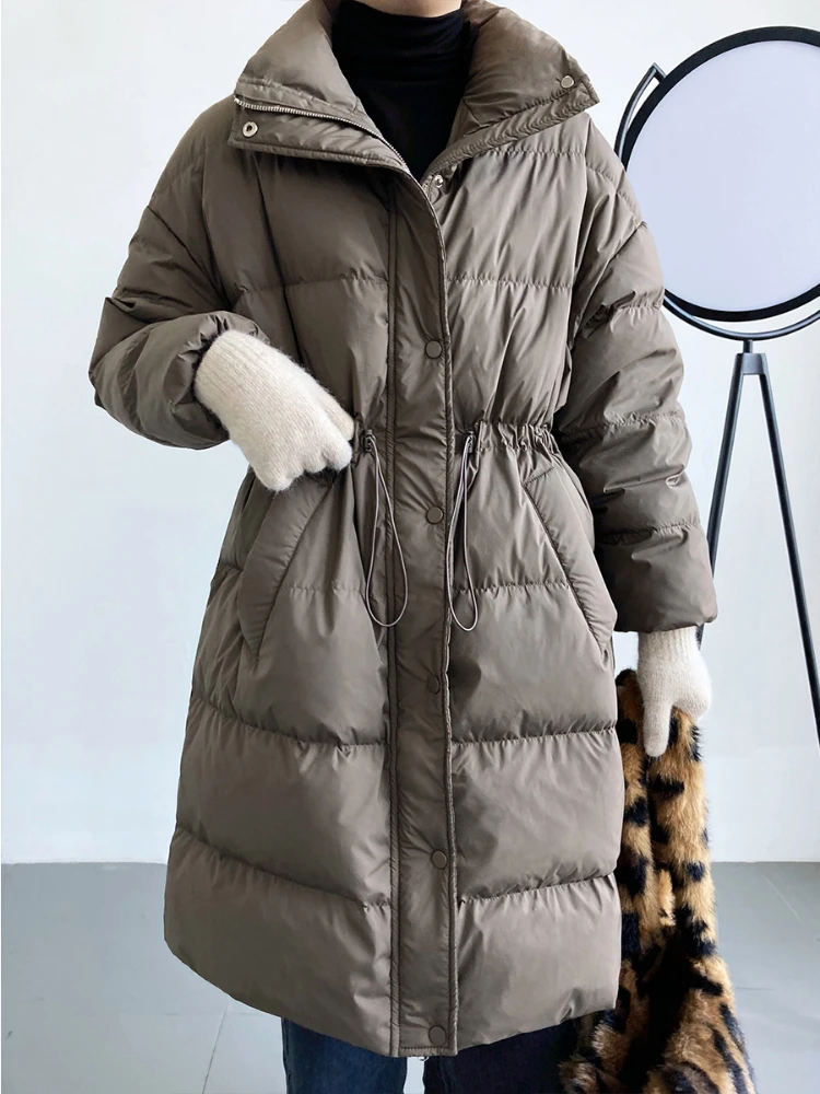 

Fitaylor New Winter Stand Collar Long Parka Jacket Women Fashion Zipper 90% White Duck Down Coat Lady Loose Thick Warm Windproof