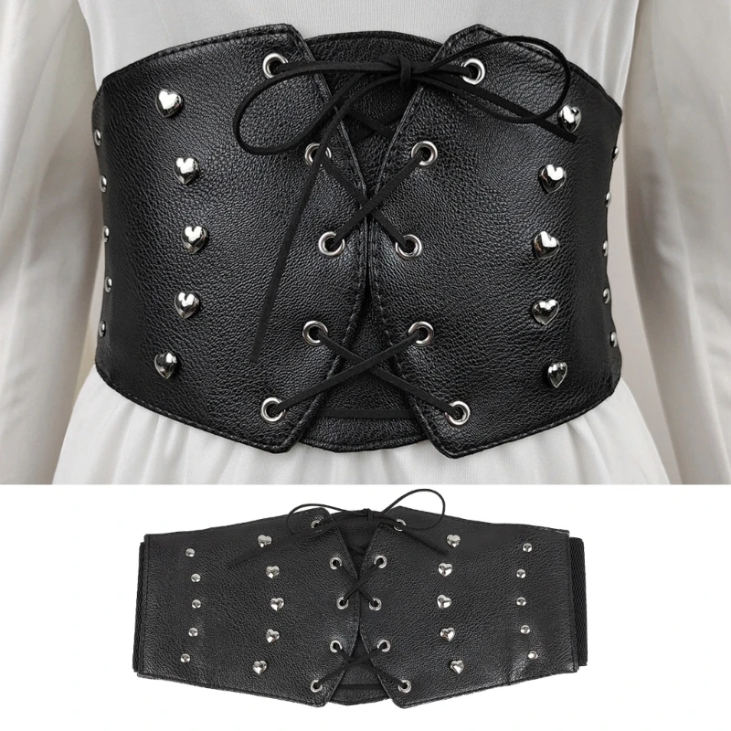 

Women Stretchy Waist Belt Vintage Elegant Wide Belts with Alloy Heart Rivet Decor Women Wide Corset with Self-Tie Rope