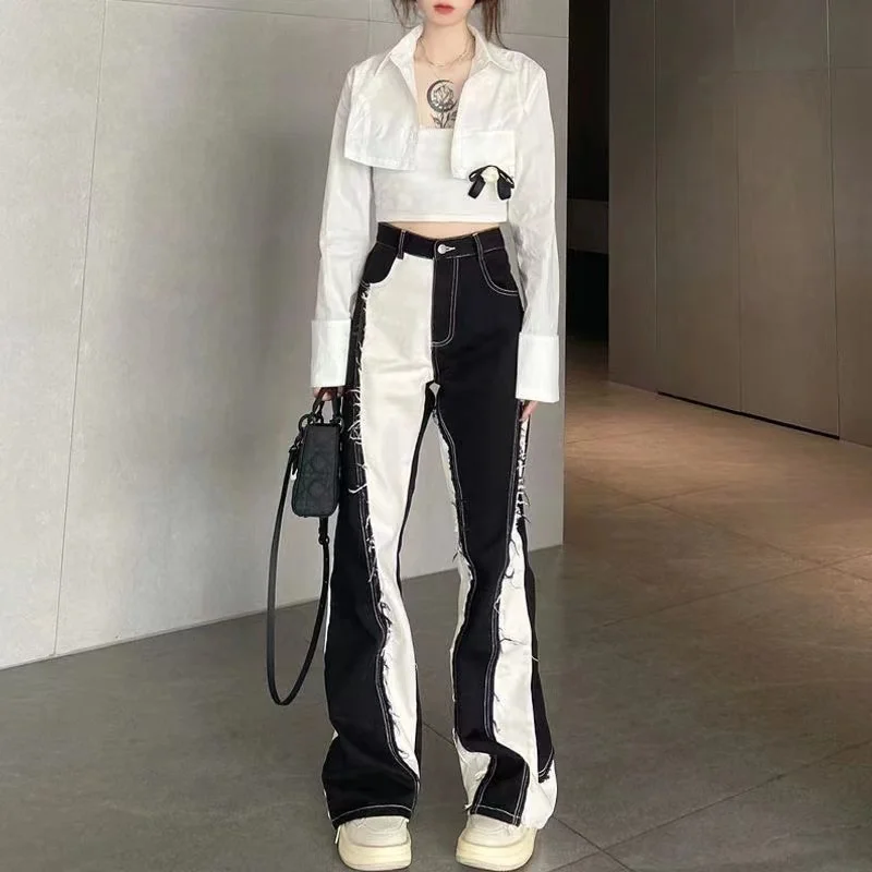 

Джинсы женские с завышенной талией, мешковатые прямые широкие брюки в американском стиле ретро, уличная одежда, черно-белые контрастные цвета, Y2k