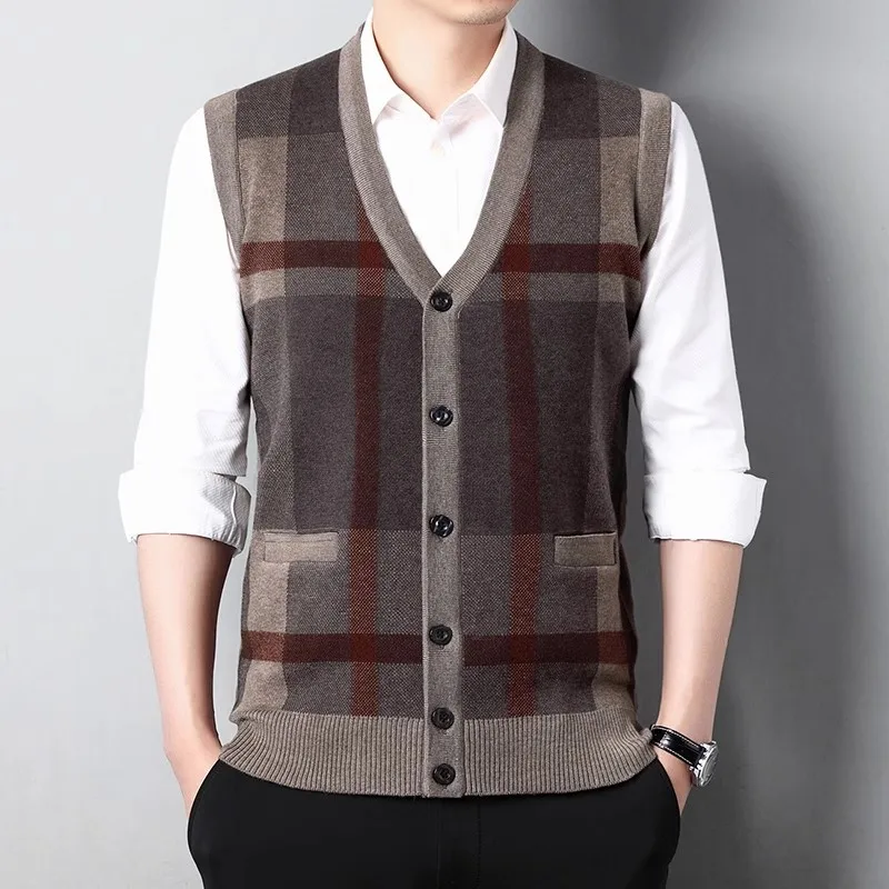 

Korean Style Plaid Knitted Sweater Men Brown Vest 2023 Vinatge Casual V-Neck Business Cardigan Slim Sleeveless Mens Sweater Vest