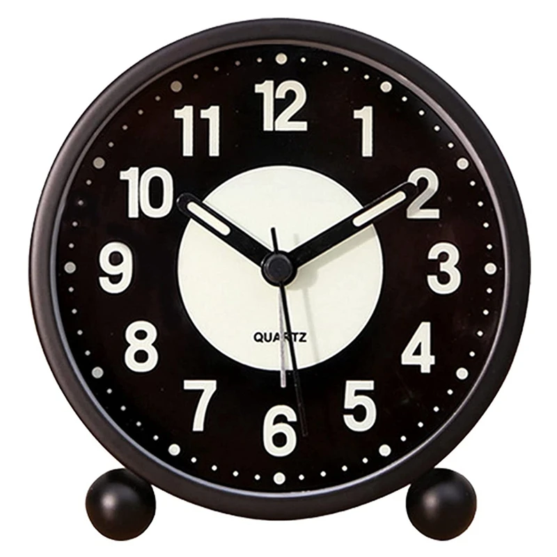 Luminous 4 Inchround Silent Analog Table Clock Non-ticking,battery Operated With Loud Alarm For Bedroom