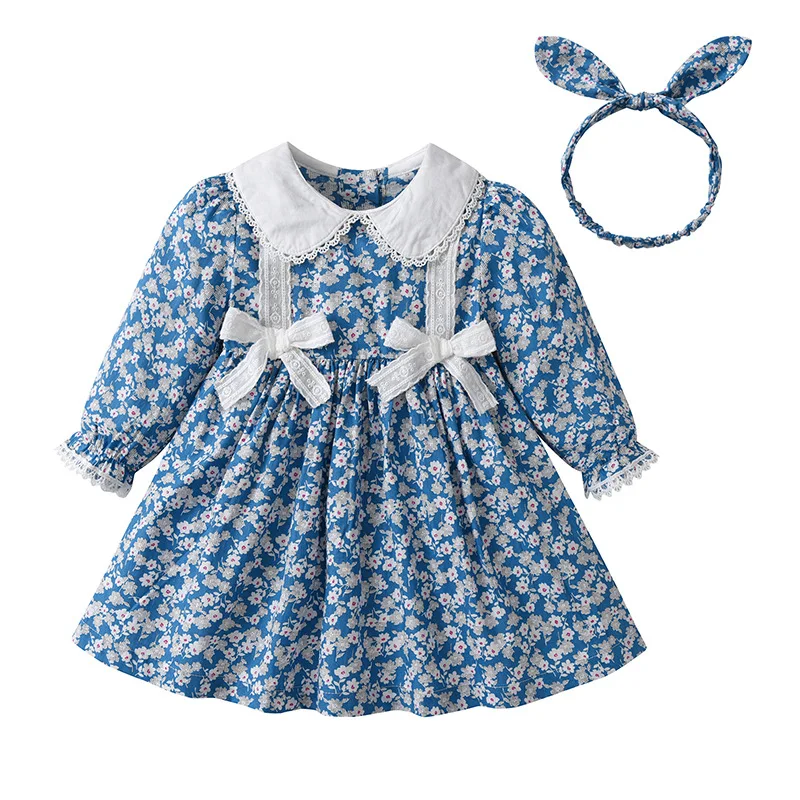 

spring autumn new long-sleeved blue floral dress cute skirt girls dress birthday princess dress Baby girl clothes girls dress