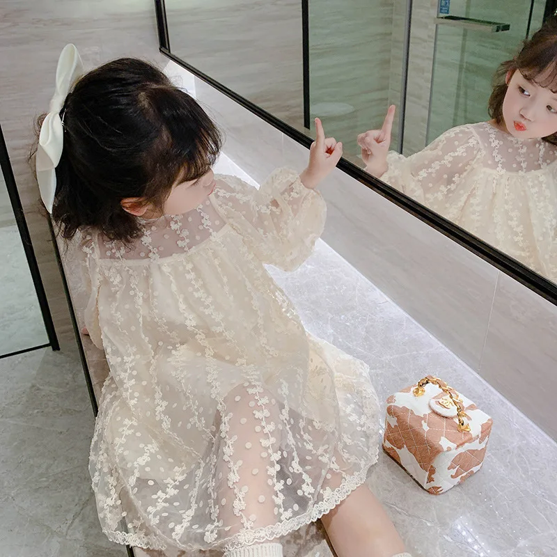 

2022 Spring Summer New Mesh Girls Floral Dress Fashion Casual Elegant Children Clothing Long Sleeve Cute Princess Fairy Dress
