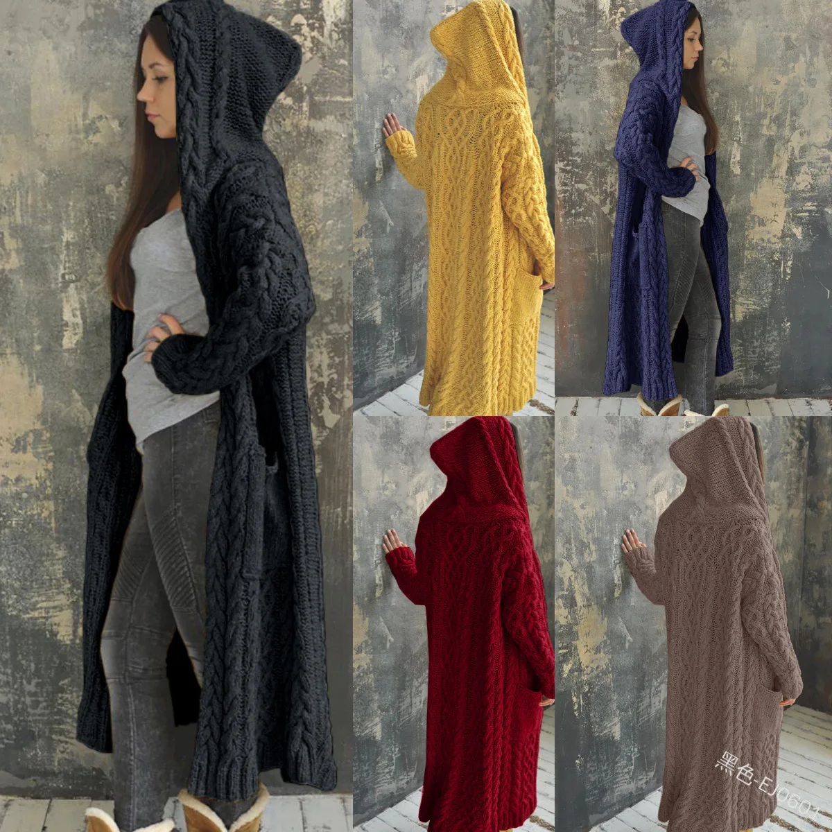 

2021 New Fashion Solid Twist Braid Cardigan Hooded Long Open Stitch Woman Sweaters