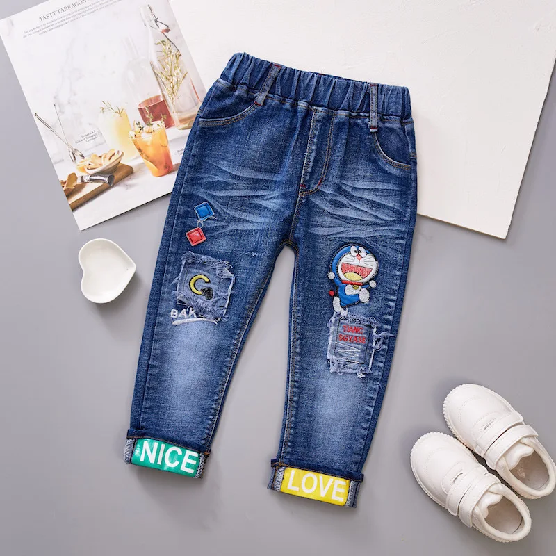 

Winter New Children's Thickened Jeans Baby Boys Girls Cartoon Doraemon Pants Toddler Kids Fashion Casual Plush Warm Denim Pants