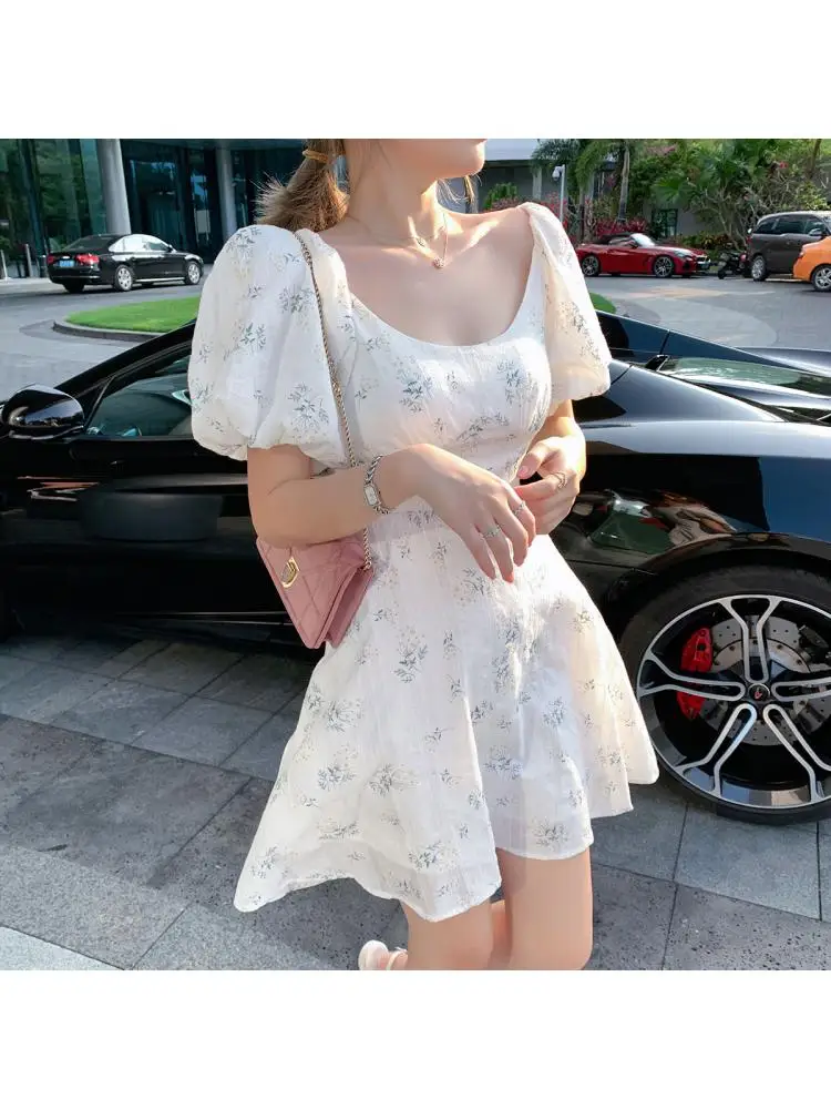 

2022 Summer Puff Sleeve French Floral Print Maxi Mini Woman Dress Office Lady Korean Japan Style Kawaii Elegant Dress Women