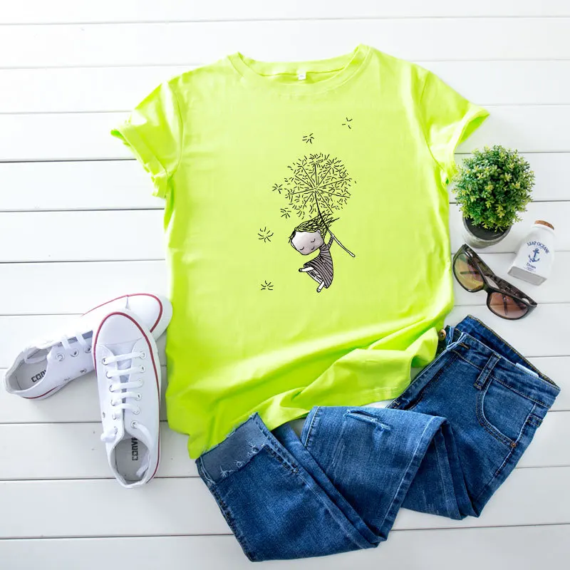 

Summer Neon Green Fashion Women Pure Cotton Comfort Cartoon Girls Dandelion Print T-shirts Ladies Casual Short Sleeve Tee Tops