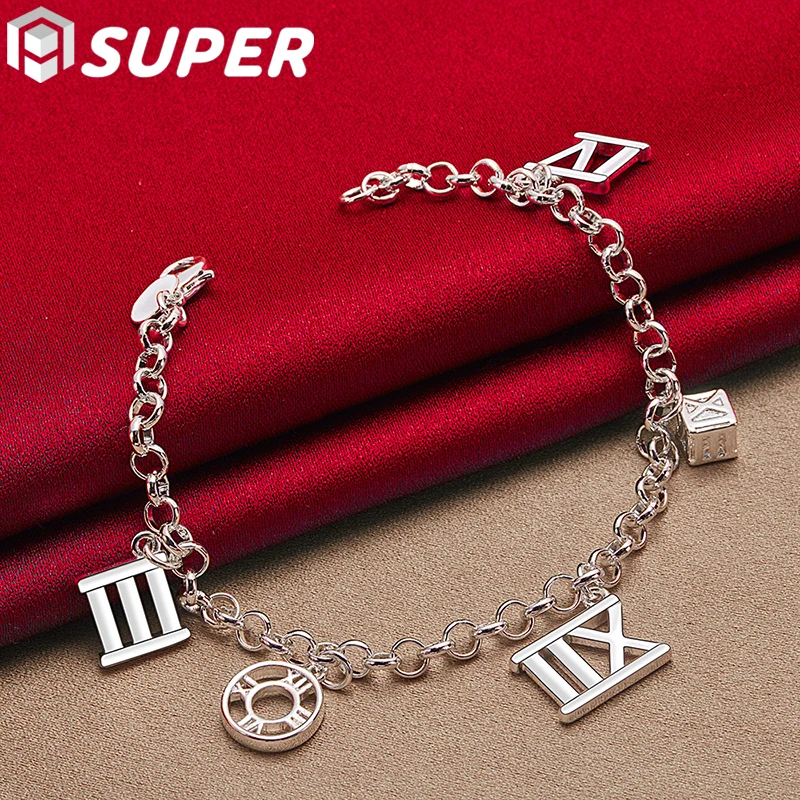 

925 Sterling Silver Five Roman Numeral Pendant Bracelet Chain For Women Charm Wedding Engagement Fashion Party Jewelry