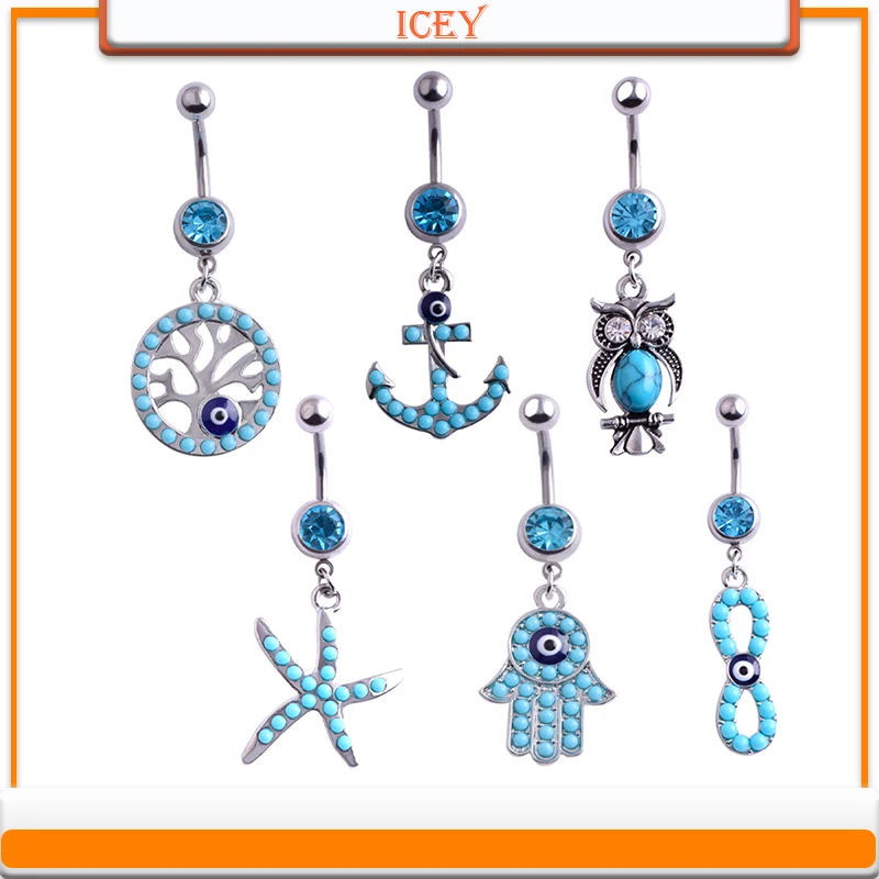 

1pc blue pearl belly ring turquoise navel stud 8palm belly navel jewelry life Tree belly button ring starfish navel piercing