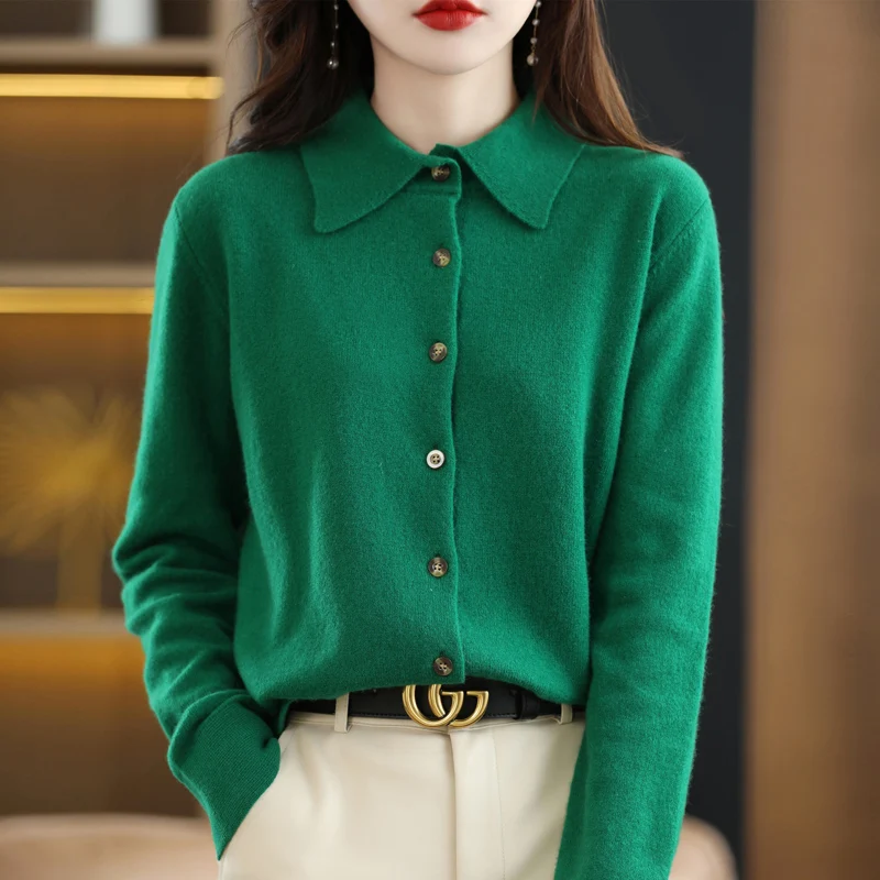 Spring And Autumn POLO Collar Sweater Knitted Shirt With Loose Long-Sleeved Non-Cashmere Cardigan Temperament Lapel Jacket images - 6