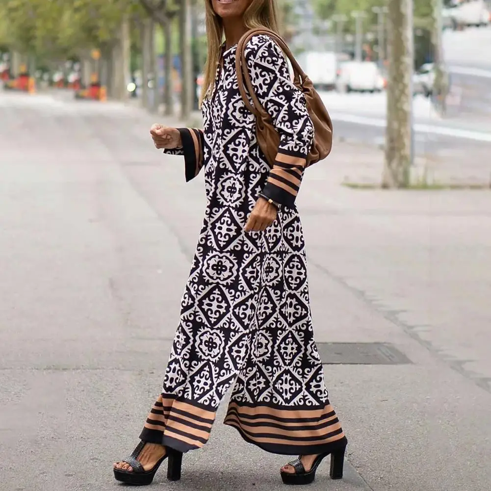 

Retro Printing V-neck Maxi Dress Long Sleeve Color Block Cuffs Loose Fit Side Split Hem Robe Female Elegant Dress Streetwear