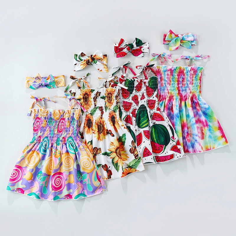 Платье Pudcoco детское летнее ТРАПЕЦИЕВИДНОЕ с принтом цветов и Арбузов 2 шт. |