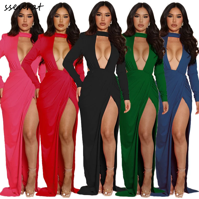 

Women Cutou High Side Split Backless Long Sleeve Mermaid Trumpet Maxi Long Dress Sexy Party Club Slim Dresses