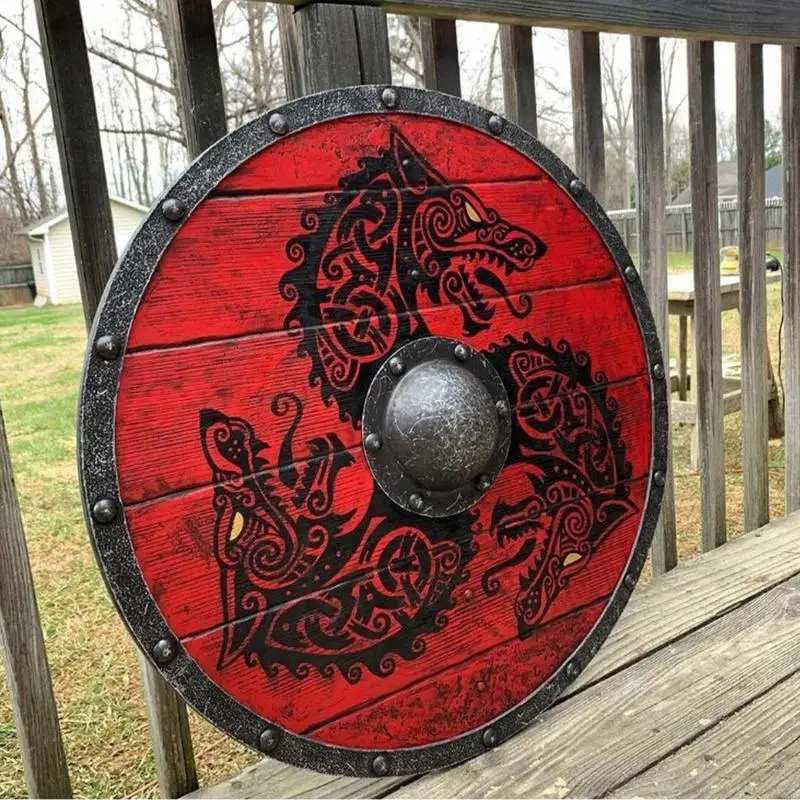 

Wooden Shield Hand Painted Vik-ings Medieval Round Weapons Cosplay Retro Farmhouse Wall Hanging Ornament Home Wall Decor