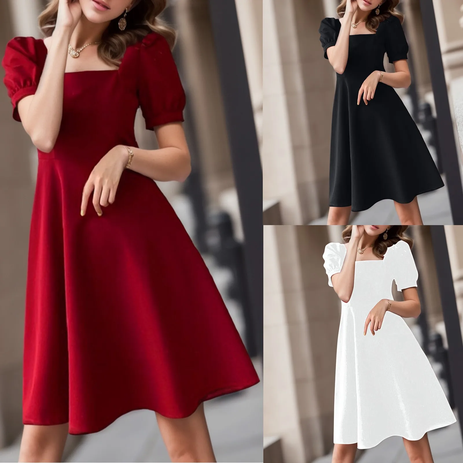 

Женские платья до середины икры, летнее элегантное ТРАПЕЦИЕВИДНОЕ ПЛАТЬЕ макси, Vestido Feminino, корейский стиль, модное однотонное платье с пышными рукавами