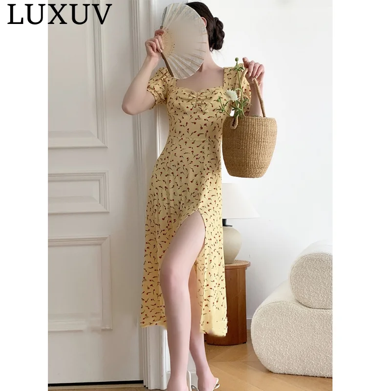 LUXUV Women's French Bubble Sleeve Printing Floral Dress Short Sleeve Side Split Irregular Dresses Summer Grace Sweet Vestidos