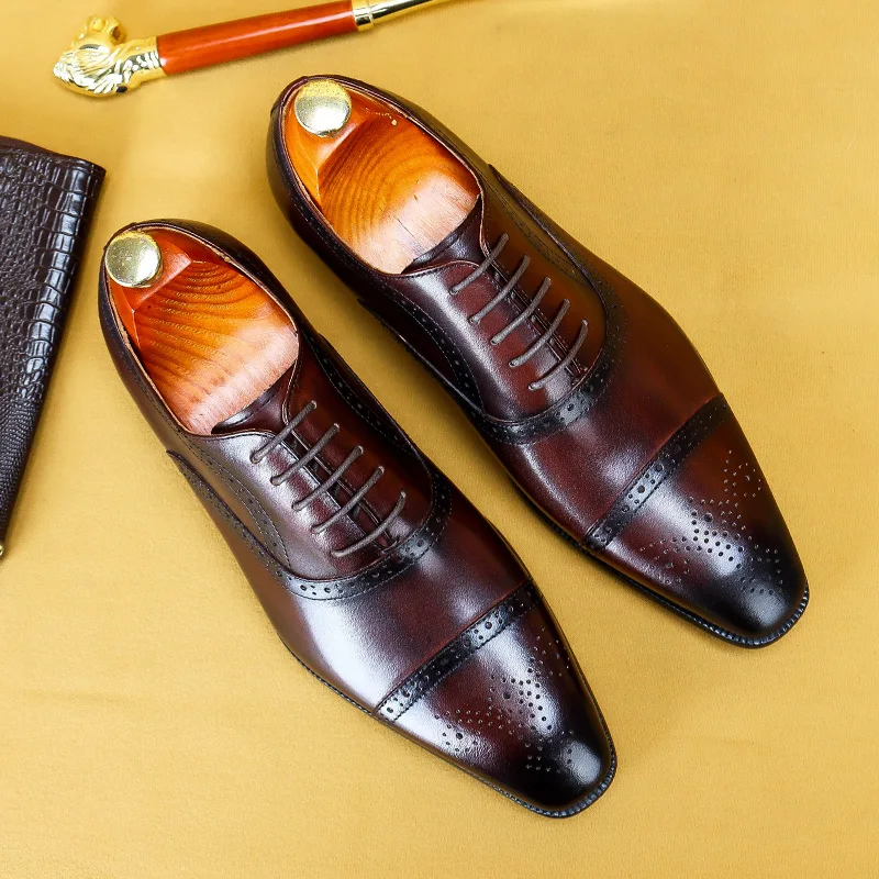

Luxury Men Dress Shoes Genuine Leather Handmade Black Brown Lace Up Mens Brogue Cap Toe Formal Shoe Wedding Oxford Shoes For Men