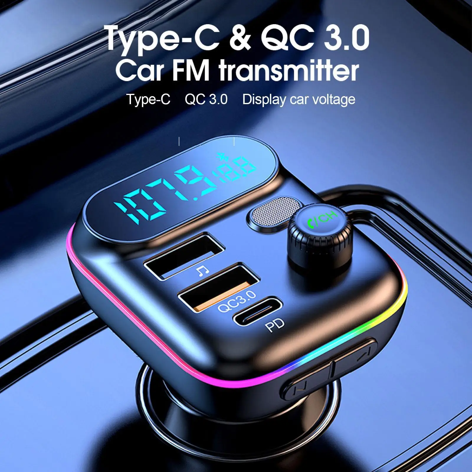 

Car Bluetooth 5.0 FM Transmitter PD 20W Type-C QC3.0 Dual MP3 USB Lossless Music Atmosphere Player Light Charger 7-colorful A4M5