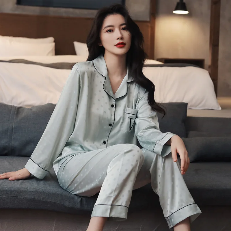 2023 New Pajamas Women's Spring and Autumn Summer Ice Silk Polka Dot Internet Celebrity Homewear Suit