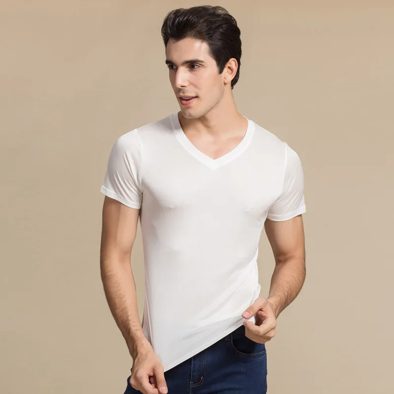 Men's V-Neck Undershirts Men Silk Knitted Seamless Short Sleeves Basics Shirts Summer Sexy Fitness Body Building Underwear