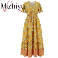 mizhiyu 2022 summer casual boho beach dress women v neck party summer fashion yellow dress short sleeve elastic waist dress