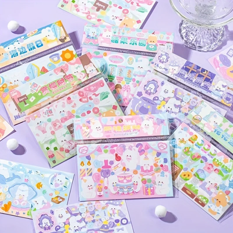 

MOHAMM 3 Sheets Cartoon Cute Bear Rabbit Flower Scene Paper Stickers Decorative Stickers for Collage Scrapbooking DIY Journaling