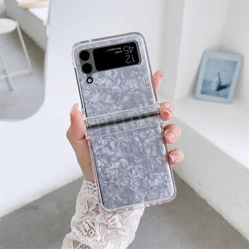 

Transparent Suitcase Shell Texture Sticker Phone Case for Samsung Galaxy Z Flip 3 5G Hard PC Back Cover for ZFlip3 Case