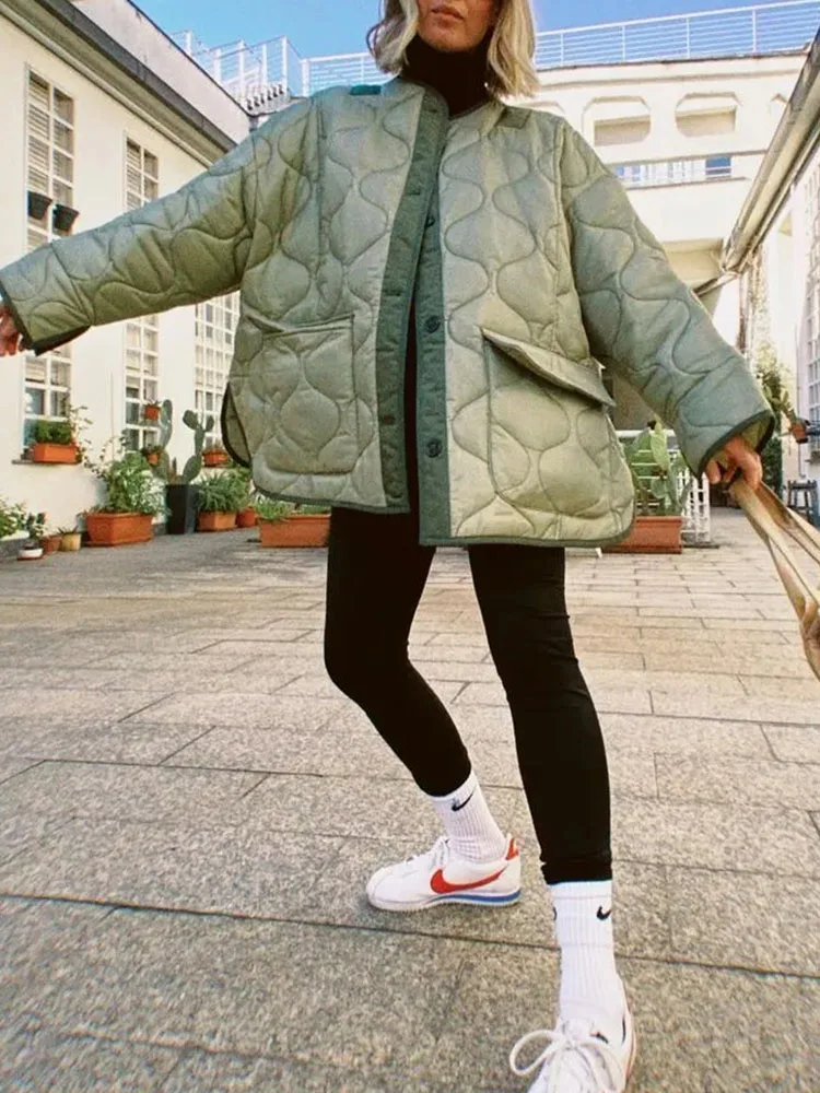 Women's Winter Jackets Armygreen Cotton Padded Parka Patchwork Quilted Coats Big Pocket Oversized Down Parkas Female 2021 Autumn