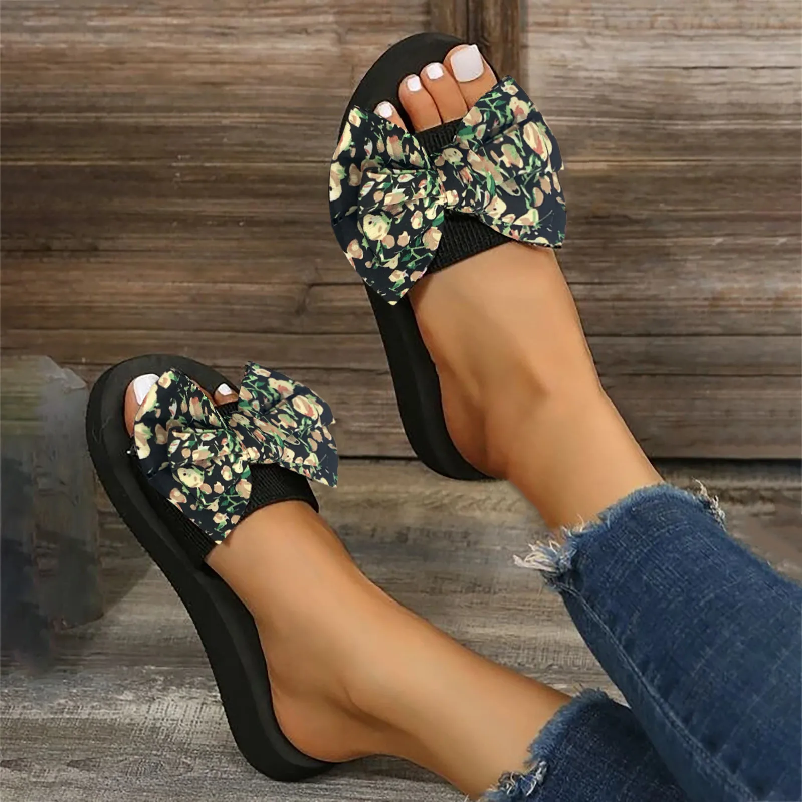 Летние пляжные тапочки с бантом Женские повседневные плоские цветочным рисунком
