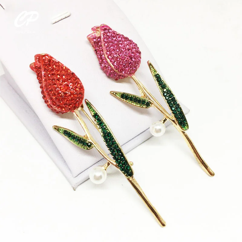 

High-grade delicate corsage drip oil enamel tulip rose rhinestone corsage brooch alloy