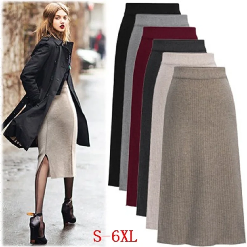 

Womens Autumn And Winter Elastic Waist 6XL wool Skirts Hip Slim Long Loose Sheds Skirts Bowknot Skirts Solid Knitted Split Skirt