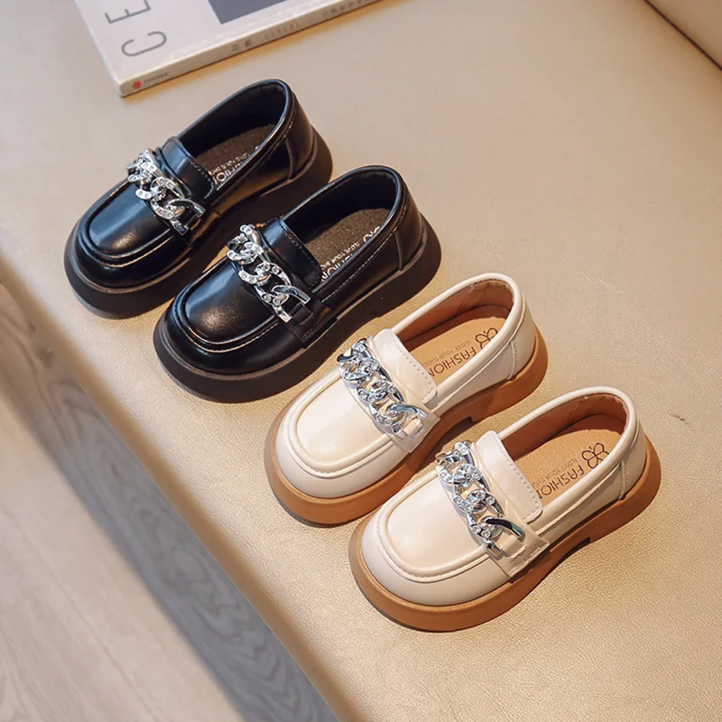 

Baywell Children Baby Girl Shoes PU Leather Flats Elegant British Vintage Chain Buckle Decoration Girls Kids Casual Single Shoes