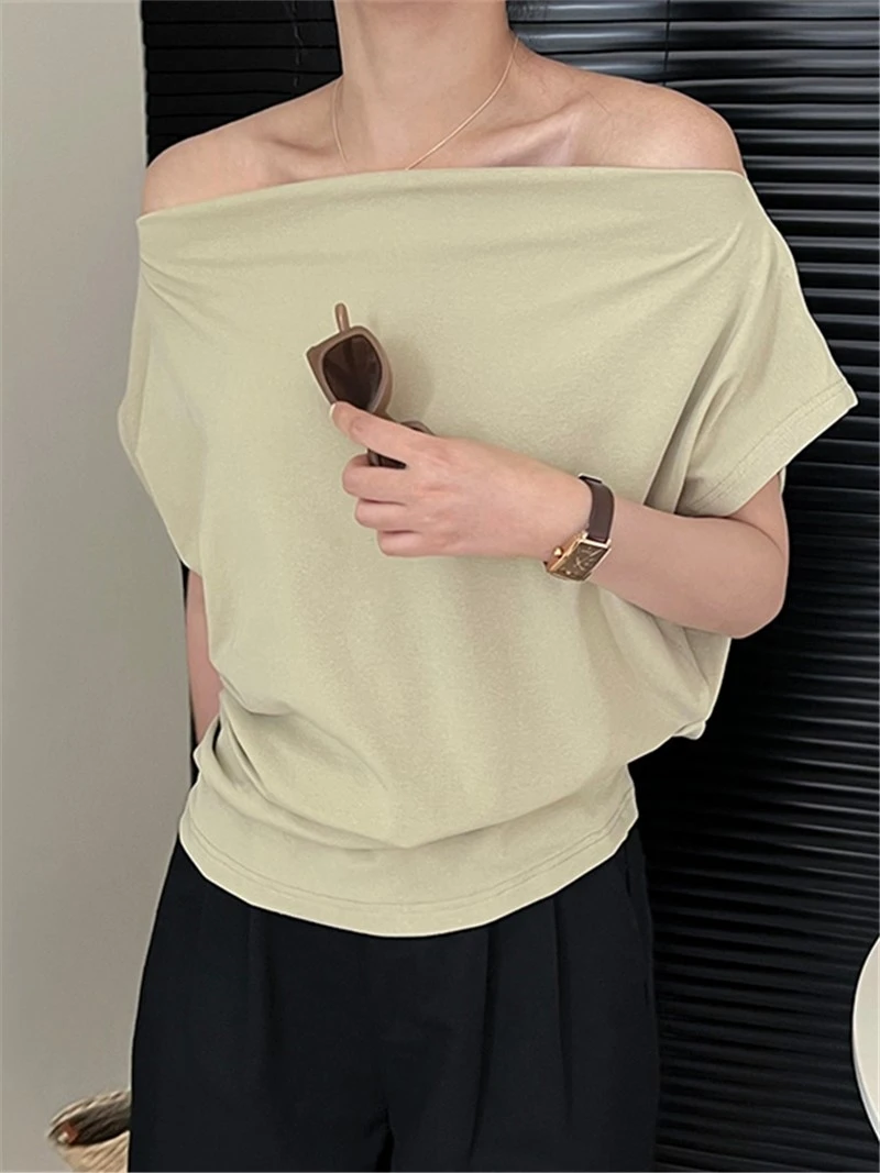 

Summer Fashion Loose Simple Sweet Plain Slash Neck Off Shoulder T-shirts Women Short Sleeve Casual Tee Shirt Girls Top 3 Colors