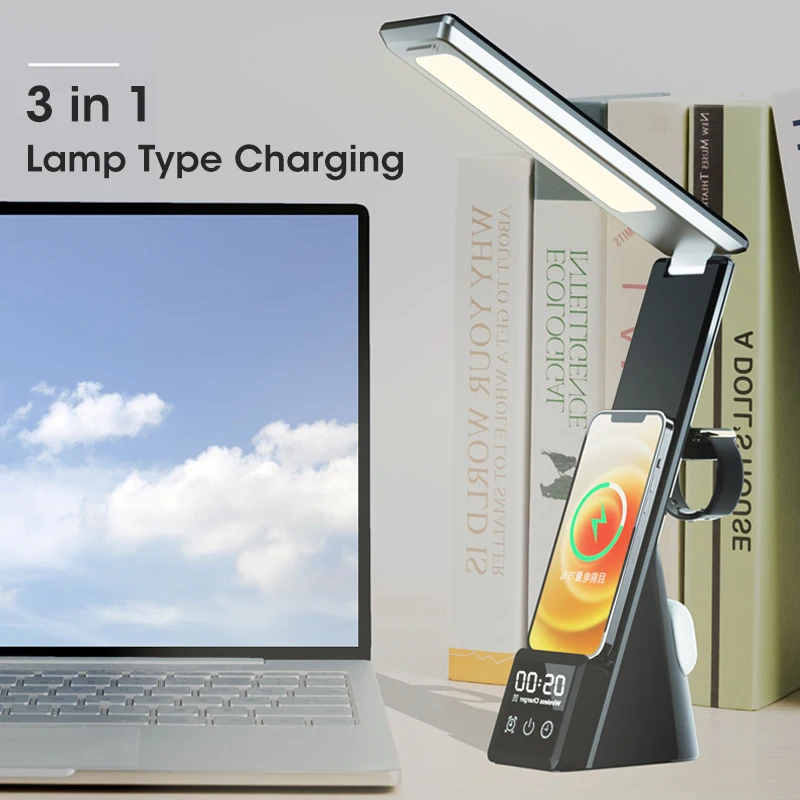 

3 In 1 Magnetic Wireless Charging LED Desk Lamp With Alarm Clock Eye Protect Study Business Light Table Lamp For Airpods iWatch