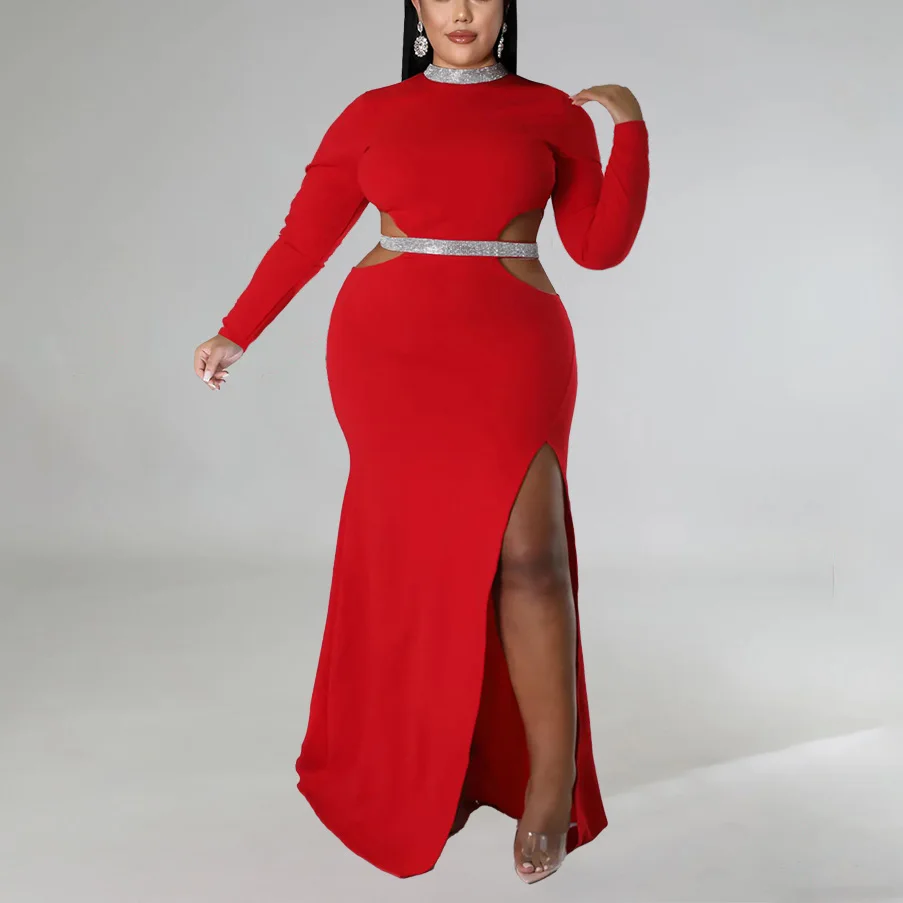 Plus Size Dresses for Women 4XL Sheath Full Sleeve High Split Floor Length Elegant Large Oversized Evening Party Vestidos Mujer