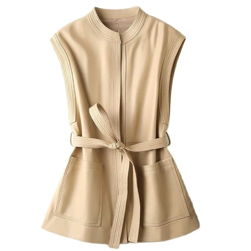 

2023 New Spring Autumn Sheepskin Loose Sleeveless O Neck With Pocket V Coat Soft Leather V Lace up Waistcoat