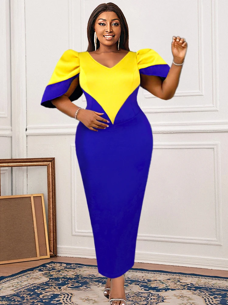 Plus Size 4XL Color Block Dresses V Neck Bodycon Yellow Blue Robe Patchwork High Waist Evening Birthday Party Christmas Outfits