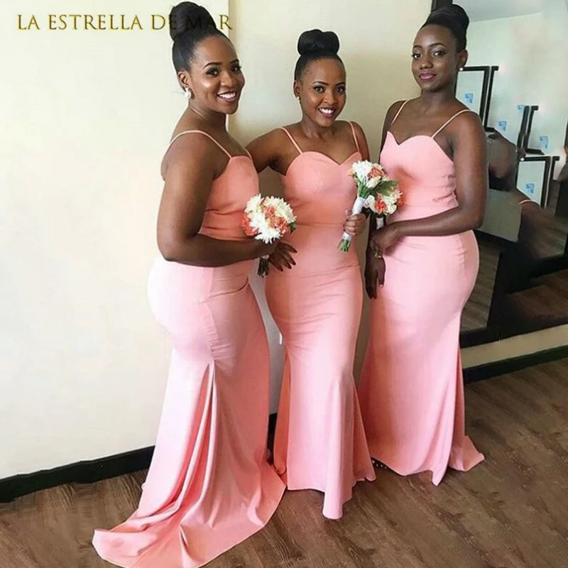 

pink bridesmaid dresses new mermaid vestidos para bodas mujer invitada satin spaghetti straps sweetheart robe de soirée de maria