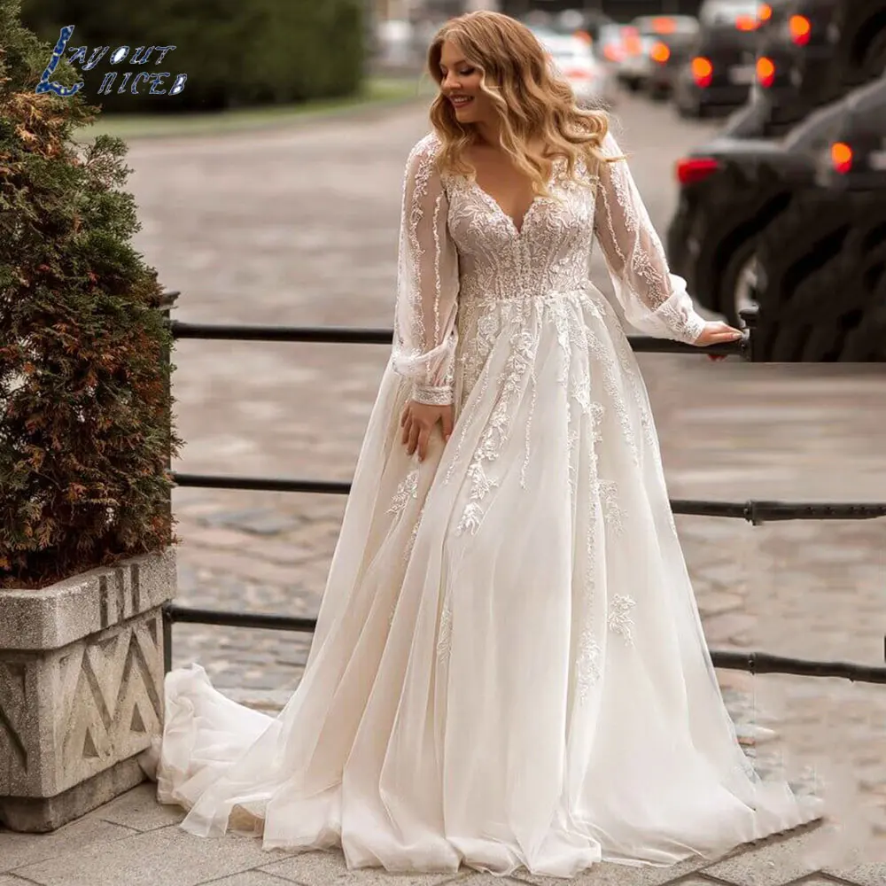 

LAYOUT NICEB Vintage A-Line Tulle Wedding Dresses 2024 Simple Plus Size V-Neck Bridal Gowns Applique Long Sleeves Robe De Mariee