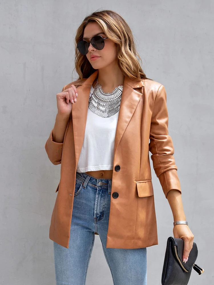 WYWMY Faux Leather Jacket Autumn Oversized Solid Color Blazer Jacket Women Long Sleeve Double Breasted Y2K Jacket Fashion Coat